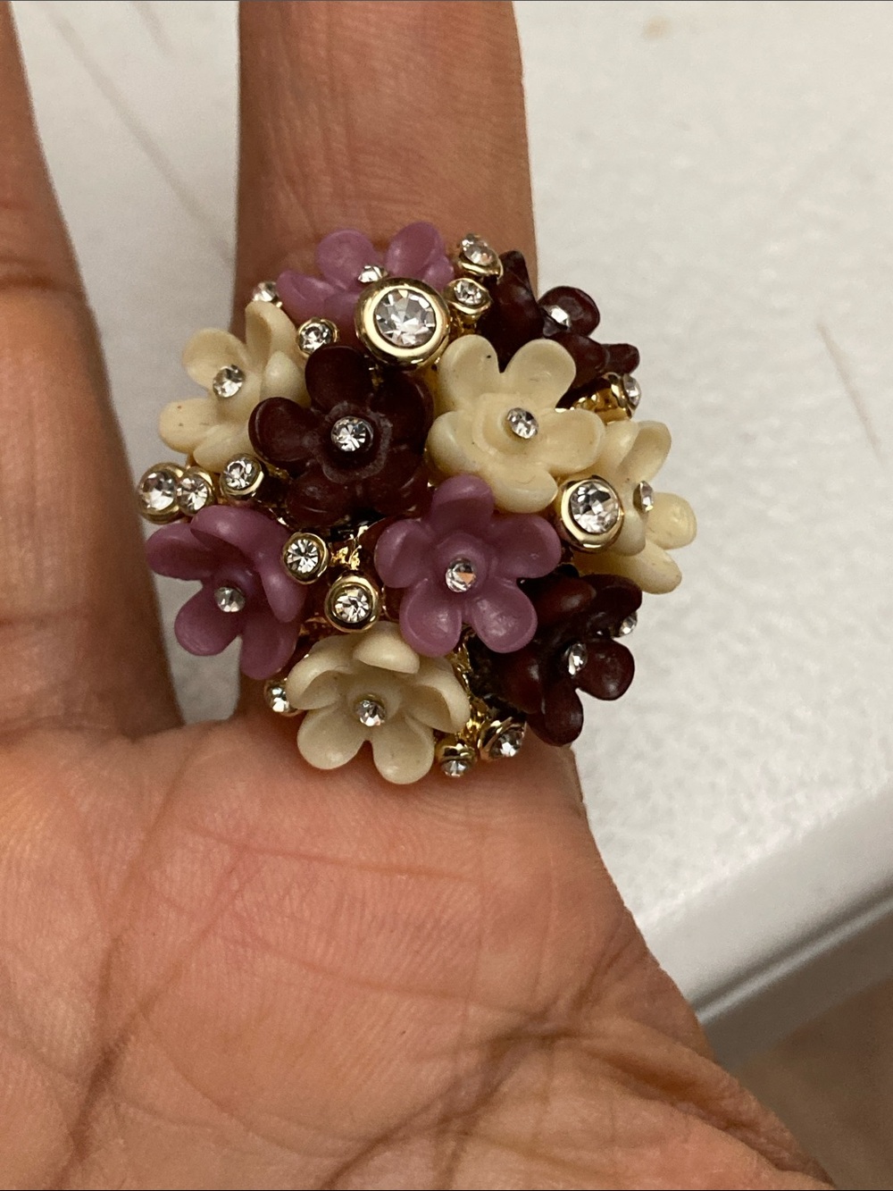 Vintage Floral Cluster Chunky Ring in Cream, Mauve & Burgundy